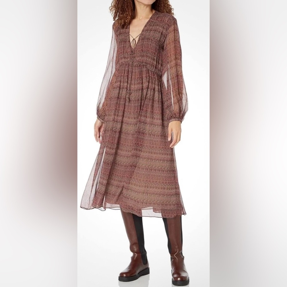 Joie Alquina Silk Midi Dress Women's Anise Flower Multi V-Neck Long Sleeve m